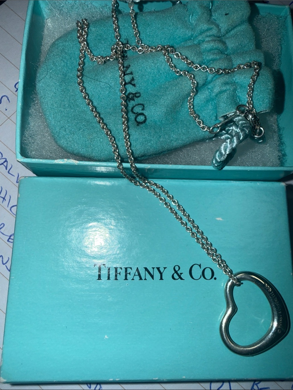 Tiffany & Co. Sterling Open Heart Pendant on Silver Chain with Blue Pouch